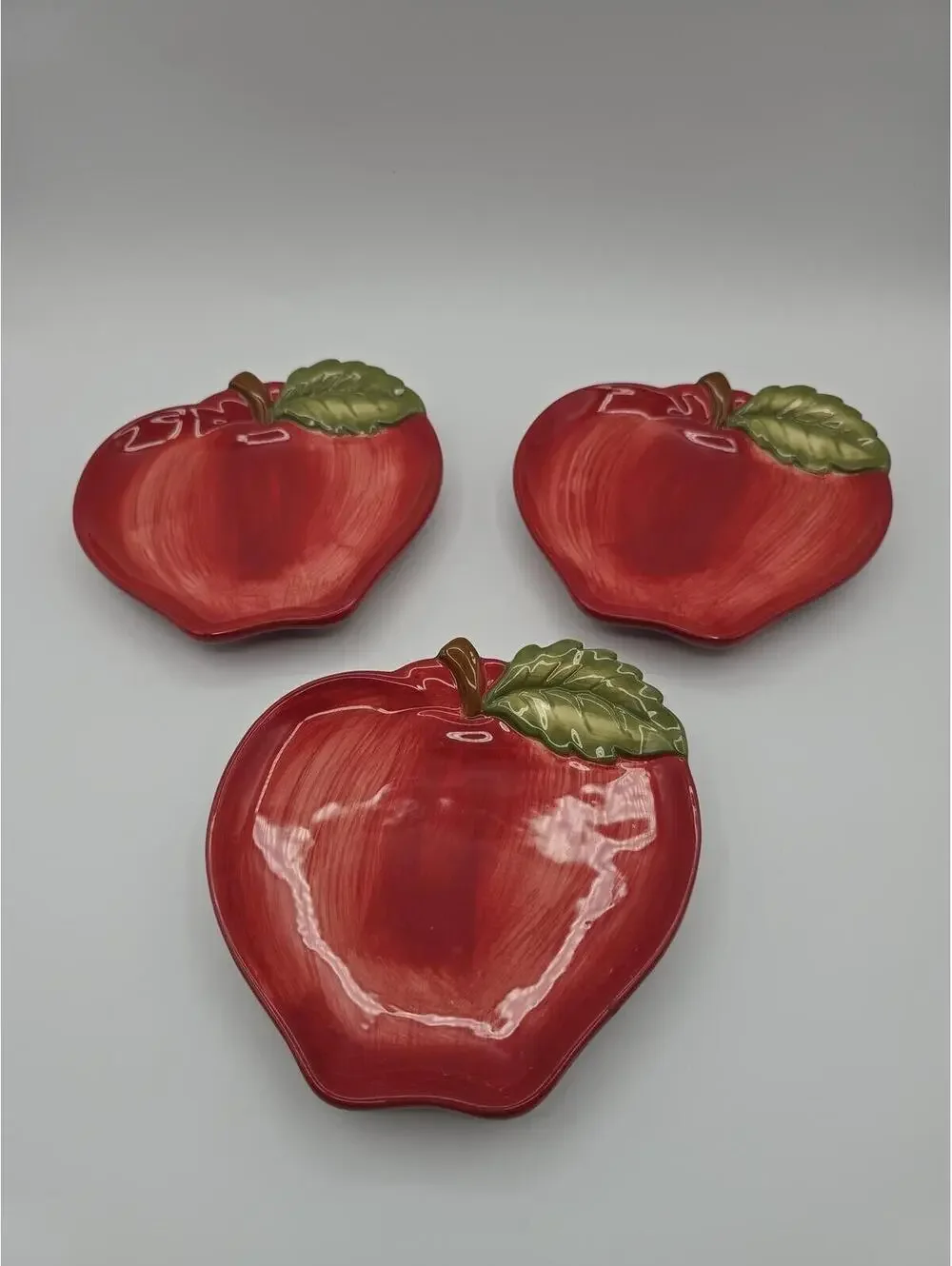Set of 3 Red Ceramic Sur La Table Apple Shaped Dessert Plates